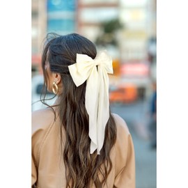 Hair Bows for Women Silky Satin Hair Bow Big Hair Bows Clips for Girls White Khaki Black Oversized Long-tail Bow Hair Clips Fashion Aesthetic Hair Accessories 3PCS (White Khaki Black)