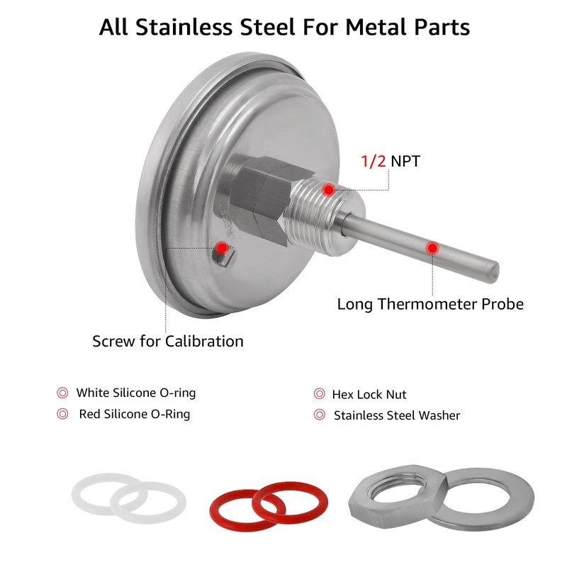 3" Dial 2" Probe FERRODAY 1/2 NPT Stainless Steel Dial