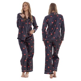 Keanu Ladies Satin Pyjamas - Long Sleeve Top with Long Bottoms - Silk Satin Pjs Soft Button Down Sleepwear Set Loungewear - Sizes 8-20 (Black Hearts Print, 20-22)