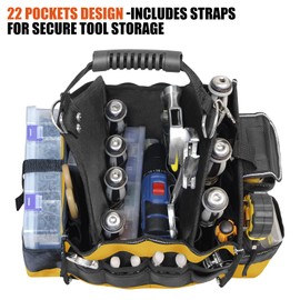 Heavy Duty Electrical Tool Tote Bag, Small Tool Tote with Handle, 25L Capacity, 22 Pockets, 15“ Waterproof Tool Bag for Mechanics, Electrician Tool Pouch, Tool Carrier, Tool Storage Bag, Yellow