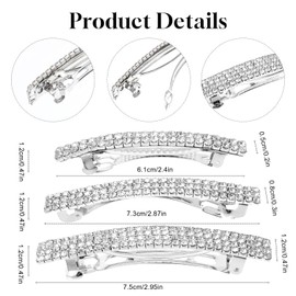3 Pcs Rhinestone Hair Clips Silver Hair Accessories Barrettes for Women Sparkly Clip Small Sparkly Bling Clip Silver Metal Rectangular Spring Barrettes Crystal Ponytail Holder Side Clips