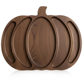 Sliner Fall Harvest Large Pumpkin Wooden Serving Platter 15x12 in Rustic Pumpkin Snack Fruit Meat Cheese Board Charcuterie Board Sectional Dish Plate for Thanksgiving(Walnut Color,Rubber Wood)