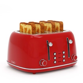 Toaster 4 Slice, Retro Stainless with 6 Bread Shade Settings,1.5''Wide Slots Toaster with Cancel/Defrost/Reheat,Dual Independent Control Panel(Red)