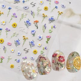 5D Embossed Flowers Nail Art Stickers Flower Nail Stickers for Nail Art Decoration Summer Floral Leaf Daisy Nail Decals Self-Adhesive Flower Nails Art Supplies for Women Girls