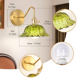 Rnzziw Vintage Battery Operated Wall Sconce Set of 2, Wireless Wall Sconces with Green Ripple Glass Lampshade Rechargeable,Wall Lights with 12 Colors RGB for Bedroom, Living Room (Rose-Green)