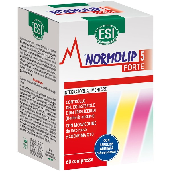 ESI - Normolip 5 Forte, Dietary Supplement with Berberis, Contributes to Normal Cholesterol and Triglyceride Levels and Cardiovascular Function, Gluten and Vegan Free, 60 Tablets