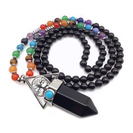 EDEN'S CALL Tree of Life 7 Chakra Stone Beads Necklace for Women and Men Hexagonal Crystal Point Pendant Necklace, Black Obsidian