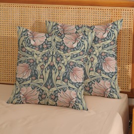 JEFERSO Green Pink Floral Pillow Covers 18x18 Set of 2 William Morris Throw Pillows Vintage Botanical Flower Art Decorative Pillow Cases Outdoor Decor Farmhouse Linen Cushion Case for Couch Sofa