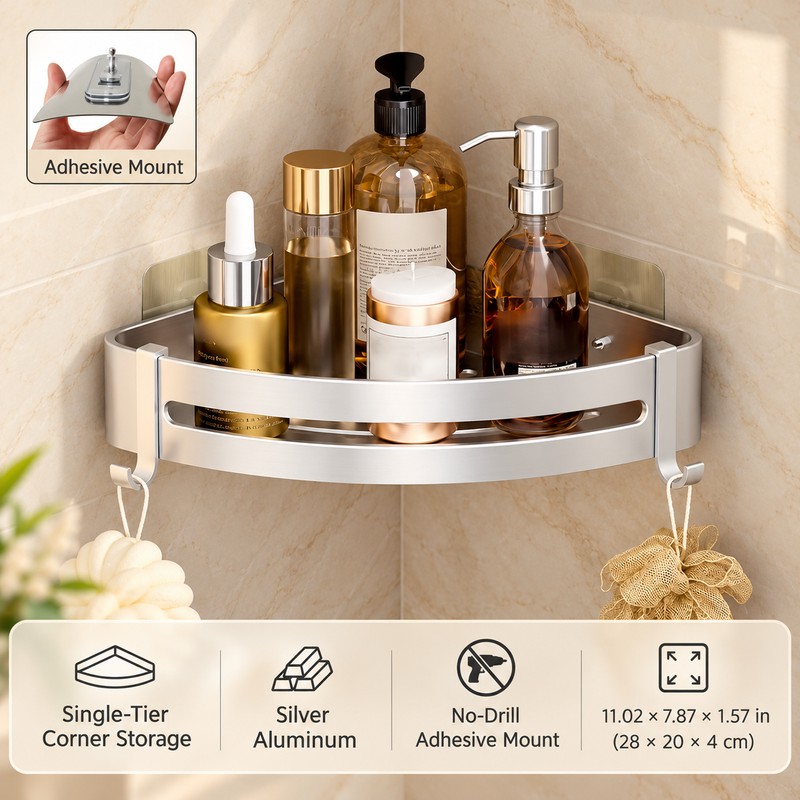 Aluminum Shower Caddy for Bathroom Storage – No-Drill Wall-Mounted Organizer