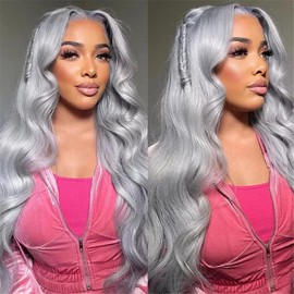 13X6 Grey Lace Front Wigs Human Hair Body Wave HD Transparent Silver Grey Lace Front Wig Human Hair Wear and Go Gray Glueless Wig Pre plucked with Natural Hairline 30 Inch Colored Wigs for Black Women