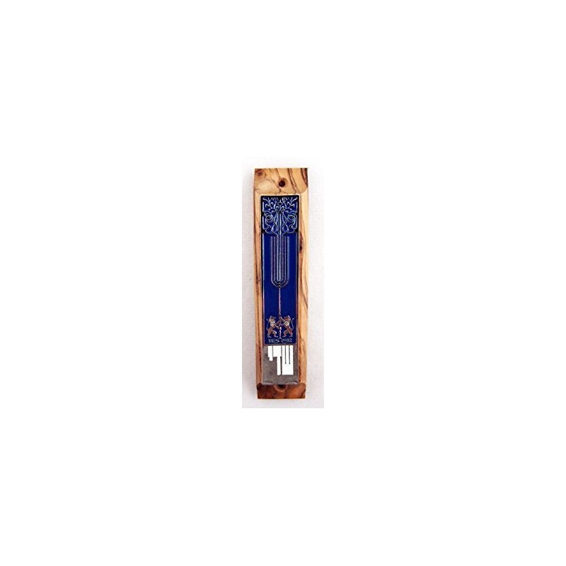 YourHolyLandStore Lion of Judah Olive Wood Mezuzah with Shema Yisrael