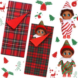 2 Pieces Christmas Elf Dolls Boy and Girl Mini Baby Twins Elves and 2 Pieces Christmas Elf Doll Sleeping Bags Red Plaid Sleeping Bag for Elf Doll Xmas Decorations (Stylish)