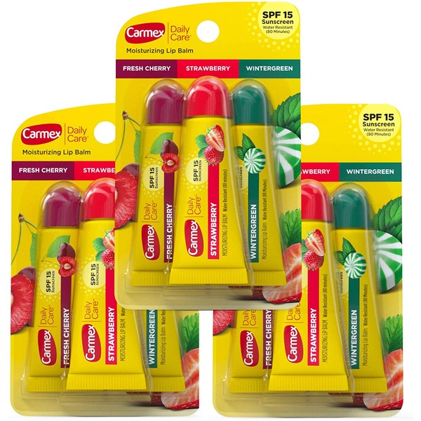 Carmex Daily Care Moisturizing Lip Balm Pack, Lip Balm with Sunscreen in Fresh Cherry, Strawberry and Wintergreen - 3 Count (Pack of 3)