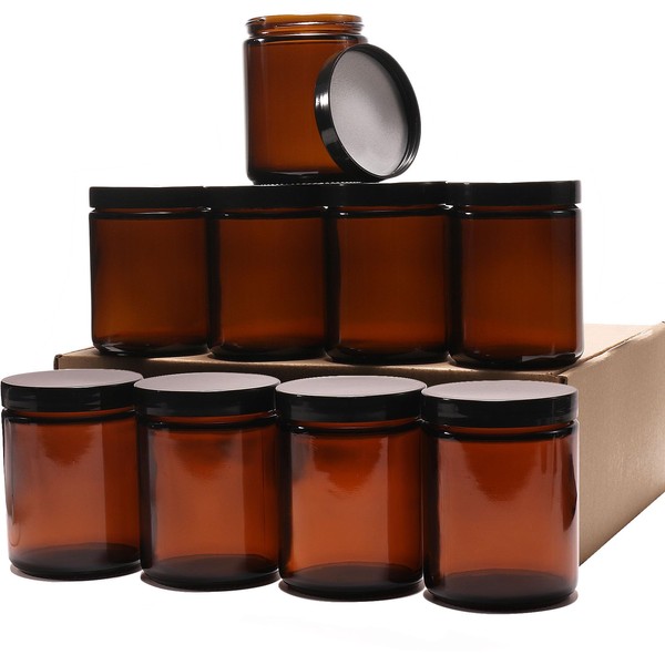 9 Pack Amber Glass Jars, 8 Oz Thick Amber Round