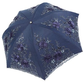Honeystore Vintage Lace UV Sun Parasol Folding 3D Flower Embroidery Umbrella 7338 Navy