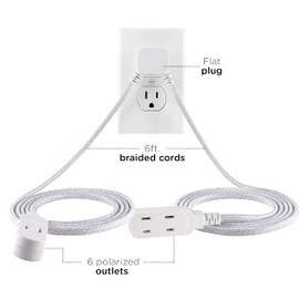 Cordinate Extension Cord, 12 Ft, Twin 3-Outlet Flat Plug Extension Cord, Braided Extension Cord With Multiple Outlets, 2 Prong Extension Cord, Safe Slide 125V Long Extension Cord, 1 Pack, White, 67091