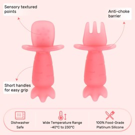 KUHU Carrot Silicone Spoon & Fork Set - Silicone Utensils for Babies & Toddlers, baby silicone spoon & Fork Set, led weaning spoon (Blush Petal)