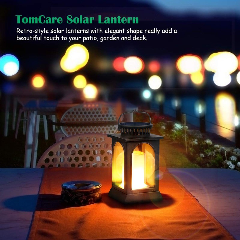 TomCare Solar Lights Flickering Flame Metal Solar Lantern Outdoor Hanging