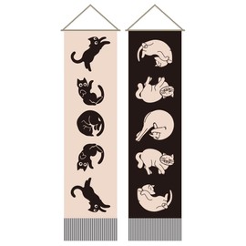 AHANDMAKER 2Pcs Cat Moon Phase Tapestry, Cute Cat Long Vertical Tapestry Wall Hanging, Cute Kitten Tassel Wall Tapestry Pet Cat Aesthetic Tapestry for Bedroom and Living Room(45.7x13 Inch)