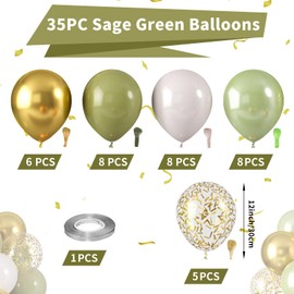 Sage Green Balloons, Sage Balloons Retro White Pearl Light Green Balloons, White Sand Gold Balloons Gold Confetti Balloons for Birthday Wedding Baby Shower Graduation Party Decorations Supplies