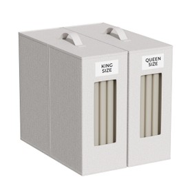 TIMBLE Bed Sheet Organizers & Storage, 2 Pack for King, Queen & Large Sheet Sets, Closet Organizer for Linens, Clothes, Blankets & Bedding, Foldable Fabric Bins with Handle, Name Tag & Window (Beige)