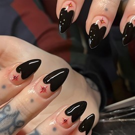 SINHOT Medium Press on Nails Almond Black Heart Fake Nails Glossy Glue on Nails Red Rhinestones Stiletto Acrylic Nails French Tip Artificial Nail Stick on False Nails with Design 24 pcs