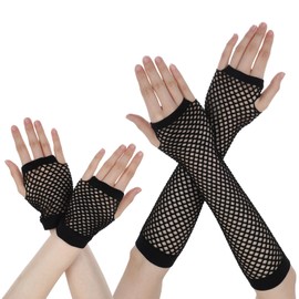 Piriuuo 2 Pairs Fishnet Gloves Fingerless, Elastic Fishnet Gloves Nylon Fishnet Arm Sleeves Long Fishnet Sleeves Short Fish Net Gloves for Women Girls Costume Party (Black)