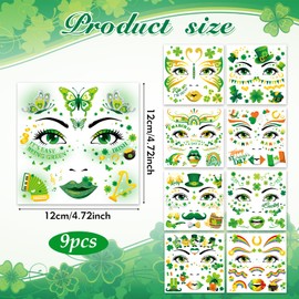 HOWAF 9pcs St Patricks Day Accessories Face Tattoos, Shamrock Face stickers Lucky Clover Leprechaun Irish Temporary Tattoos Stickers for St. Patrick's Day Decorations St Patricks Day Outfits Makeup
