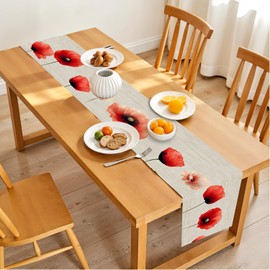 Floral Poppy Table Runner – Elegant Red Poppy-Inspired Dining Table Decor, Soft Linen-Look Fabric, 13x72 Inch, for Kitchen, Parties, Seasonal & Everyday Use