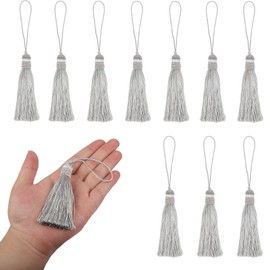 HedongHexi - 15 borlas pequeñas de 15,5 cm, hilo sedoso, con lazo de cordón de 2.5 pulgadas, para hacer joyas, recuerdos, marcadores, accesorios de manualidades (plata, 15 unidades)