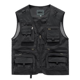 IBIH Mens Outdoor Vest Breathable Quick-Dry Fishing Vest Camping Hiking Lightweight Vest with Multi-Pocket,Black,Medium
