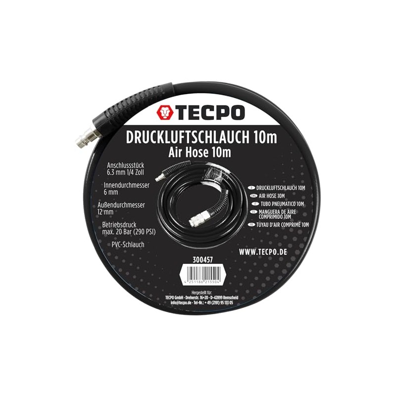 TECPO Compressed Air Hose 10 m + Tyre Inflator 0-12