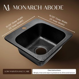 Monarch Abode Kitchen & Bar Sink – 15-inch Baxter Drop in Small Bar Sink, Hand Hammered Matte Black Aluminum Sinks with Faucet Hole for Wet Kitchens, Decorative Kitchen Sinks, Single Drop in RV Sinks