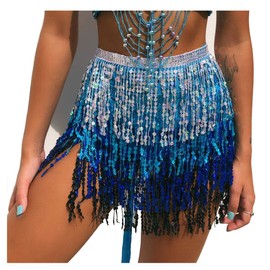 Wuchieal Belly Dance Skirt Hip Scarf Dance Hip Belt Latin Dance Hula Hip Scarf, Silver&blue&black, One Size