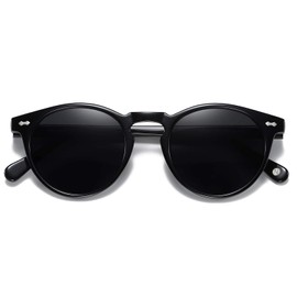 H HELMUT JUST Sunglasses for Men Women Polarised Lens Round Vinage Mirrored or Tinted Lenses Lightweight TR90 Frame Acetate Temple, black/grey