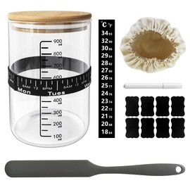 Sourdough Starter Jar Kit 900ml: 30oz Sourdough Starter Kit High Borosilicate Glass, Heat Resistant Sourdough Starter Container with Scale Thermometer Strip Spatula Level Band Cloth Cover Lable Pen