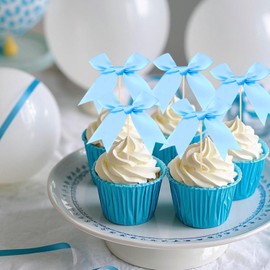 24 Pack Bow Cupcake Toppers, Blue Bow Coquette Birthday Decorations Valentine's Bowknot Ribbons for Bridal Shower Party Supplies Bachelorette Engagement Wedding Baby Shower Girl Bow Theme Party