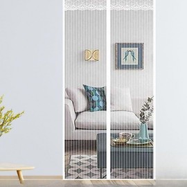 Magnetic Striped Hook-and-Loop Detachable Entrance Screen Door, 100x210cm White