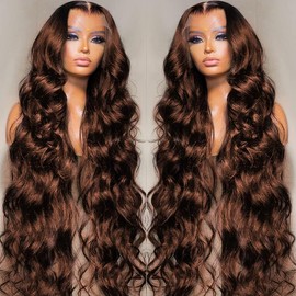 200 Density 13X6 Chocolate Brown Body Wave Lace Front Wigs Human Hair 13x6 HD Transparent Lace Front Wigs For Women Auburn Brown Colored with Baby Hair Glueless Wigs Human Hair Full And Thick 24 Inch