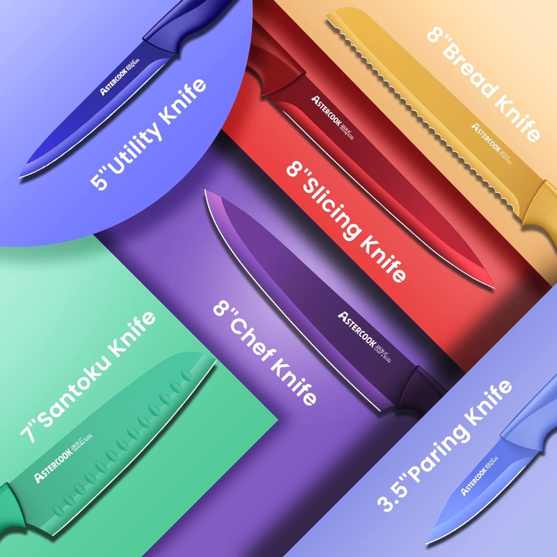 Astercook Knife Set, 12 Pcs Color-Coded Kitchen Knives Set, 6