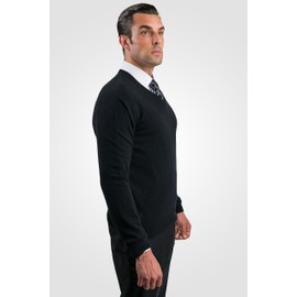 JENNIE LIU Men's 100% Pure Cashmere Long Sleeve Pullover V Neck Sweater (L, Black)
