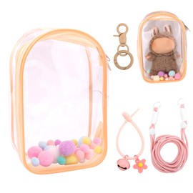 Tinoaly Clear Figure Display Case, Protective Case for Plush Doll Storage Bag Holder Portable Crossbody PVC Hanging Doll Cover Pouch with Keychain for 15cm/17cm Dolls Accessories (Apricot)