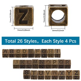 SUNNYCLUE 1 Box of 104 Pieces 26 Styles Metal Letter Beads Square Alphabet Beads Antique Bronze Alloy Cube from A to Z Charm Large Hole Loose Spacer Beads for Jewellery Making Necklaces