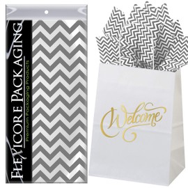 Flexicore Packaging White Kraft Paper Welcome Bags & Gray Gift Wrap Tissue Paper | Size: 8 Inch X 4.75 Inch X 10.5 Inch | Count: 5 Bags | Color: Gray Chevron