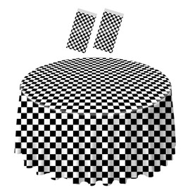 SietDESEO 2 Pack Round Checkered Tablecloth 84 x 84 Checkered Flag Table Cloth Disposable Plastic Table Cover for Race Car Party Outdoor Picnic Wedding Black and White Tablecloth