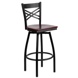 Flash Furniture HERCULES Series Black ''X'' Back Swivel Metal Barstool - Mahogany Wood Seat