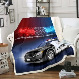 Erosebridal Police Car Throw Blanket Twin 60"X80",Policeman Vehicle Plush Bed Blanket for Kids Boys Children,Red Blue Cop Lights Fleece Flanket Geometric Graphics Sherpa Blanket