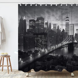 NYC Manhattan Brooklyn Bridge Shower Curtain New York Skyline Building Night View Shower Curtain Set with 12 Hooks 72x72 inch Polyester Machine Washable, Grey and White