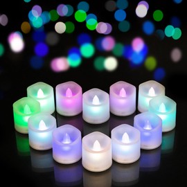 Windshell Color Changing LED Votive Candles (1.6" D x 1.5" H), 6H Timer/Curved Edge Design (White Base), Battery Operated Flameless Colored Tea Lights, Pack of 12