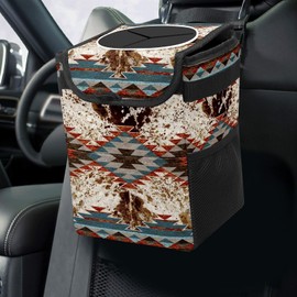 GACTIVITY Western Aztec Cow Print Collapsible Reusable Waterproof Car Trash Can with Lid - Automotive Garbage Can, Interior Car Organizer